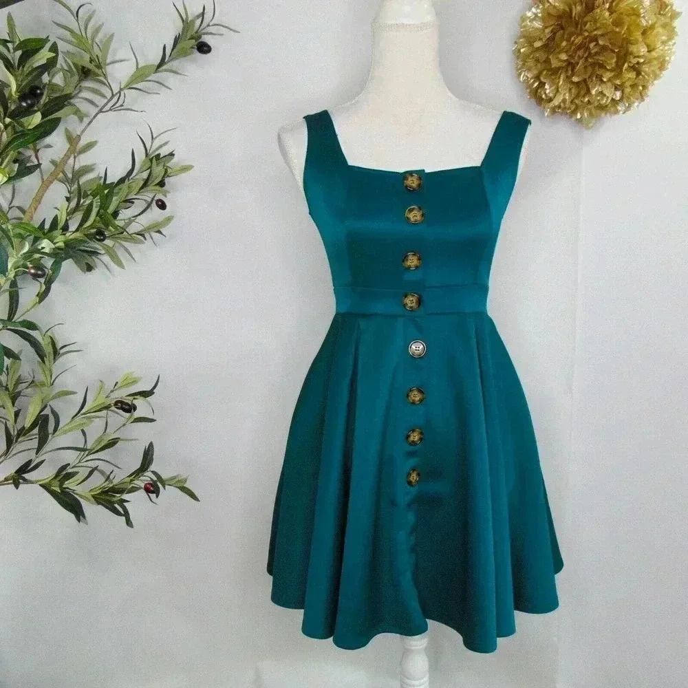 Alya Women's Button Front A- Line Green Short Sleeveless Dress Size XS